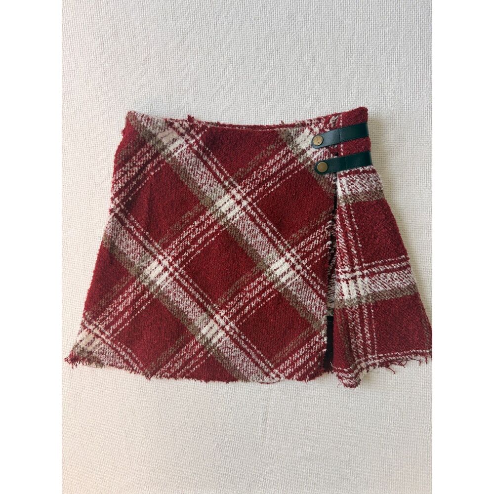 Shop Neighbor Plaid Wrap Mini Skirt Red Boucle Fringe Medium